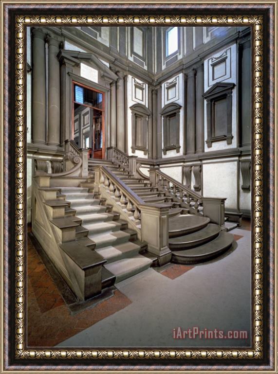 Michelangelo Buonarroti Staircase in The Entrance Hall of The Laurentian Library Completed by Bartolomeo Ammannati 1559 Framed Print