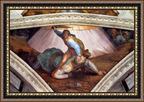 The Aspen Chapel Framed Prints - The Sistine Chapel Ceiling Frescos After Restoration David And Goliath by Michelangelo Buonarroti