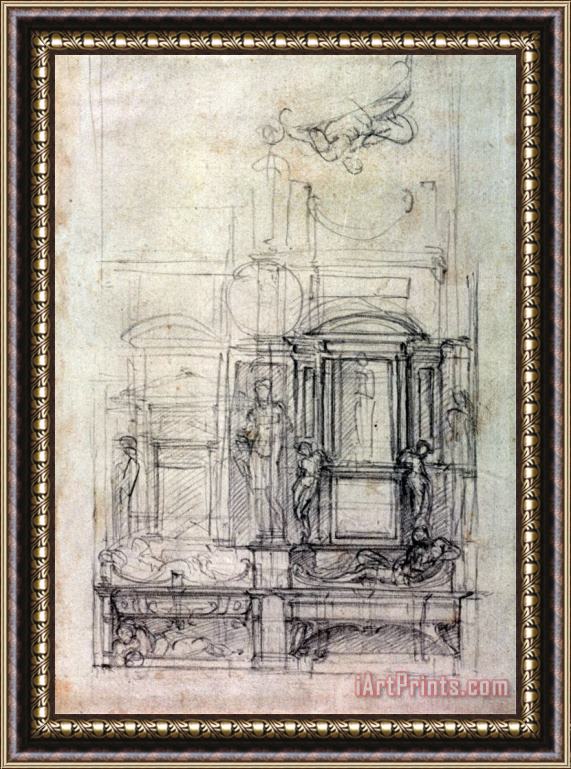 Michelangelo Buonarroti W 26r Design for The Medici Chapel in The Church of San Lorenzo Florence Charcoal Framed Painting