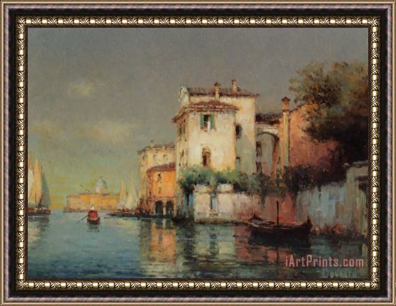 Noel Bouvard Venetian Canal Scene with Fishing Boats And Gondolas Framed Print