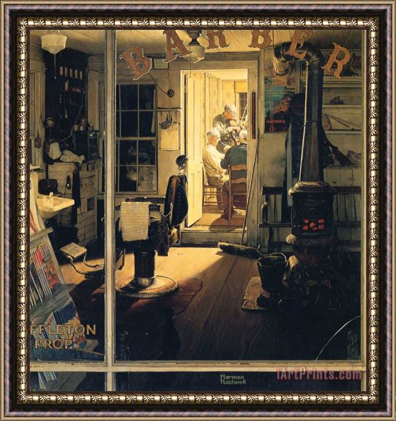 Norman Rockwell Shuffleton's Barbershop 1950 Framed Painting