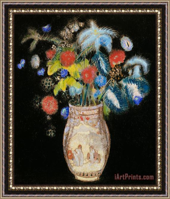 Odilon Redon Large Bouquet On A Black Background Framed Painting