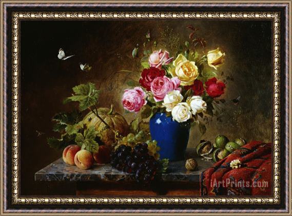 Olaf August Hermansen Roses In A Vase Peaches Nuts And A Melon On A Marbled Ledge Framed Print