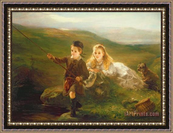 Otto Leyde Two Children Fishing in Scotland Framed Painting
