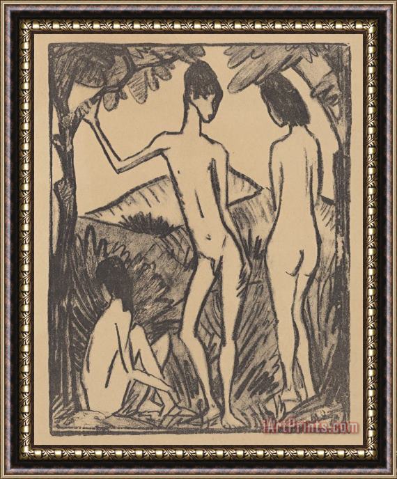 Otto Muller Stehender Knabe Und Zwei Madchen II / Standing Boy And Two Girls Framed Painting