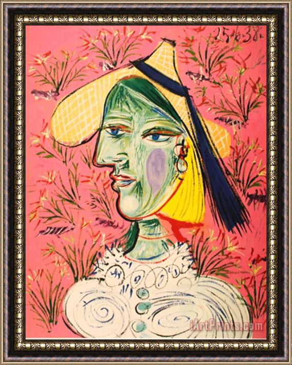 Pablo Picasso Femme Au Chapeau De Paille Sur Fond Fleuri Framed Print
