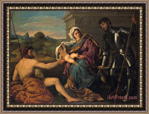Paris Bordone Madonna And Child with Saint John The Baptist And Saint George (holy Conversation) Framed Painting
