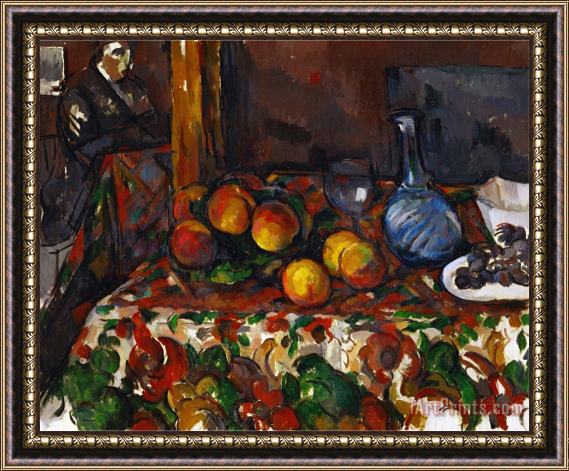 Paul Cezanne Still Life with Peaches Carafe And Figures Circa 1900 Framed Painting