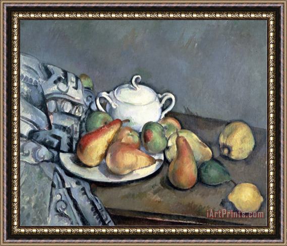 Paul Cezanne Sugar Bowl Pears And Carpet Framed Painting