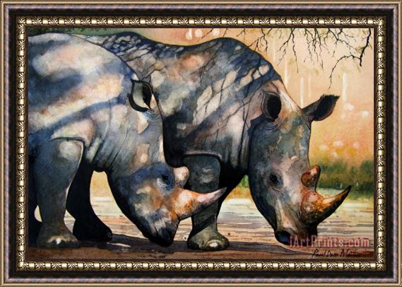 Paul Dene Marlor Rhinos in dappled shade. Framed Print