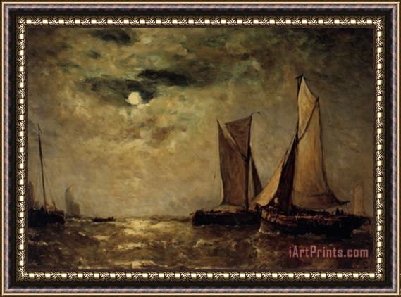 Paul Jean Clays Shipping Off The Coast in The Moonlight Framed Print