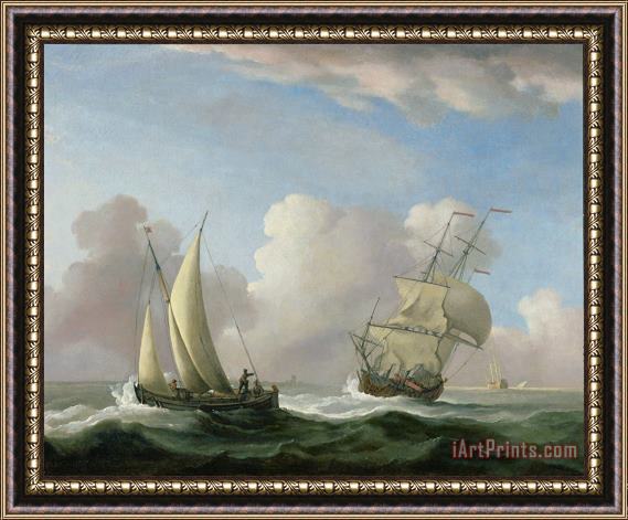 Peter Monamy A Man-o'-War in a Swell and a Sailing Boat Framed Painting