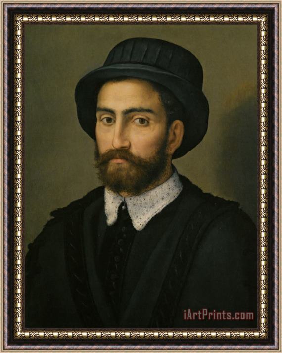 Pier Francesco Di Jacopo Foschi Portrait of a Man Bust Length Wearing a Black Coat And Hat Framed Painting