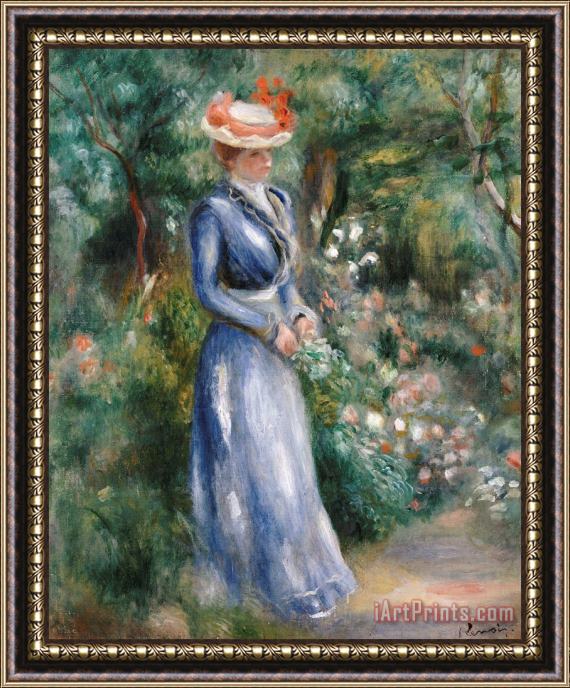 Pierre Auguste Renoir Woman in a Blue Dress Standing in the Garden at Saint-Cloud Framed Painting