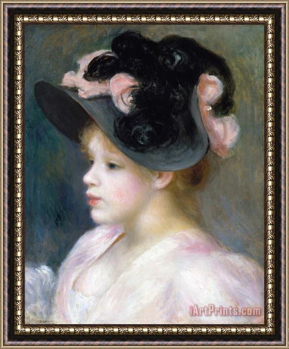 Pierre Auguste Renoir Young Girl in a Pink And Black Hat Framed Painting