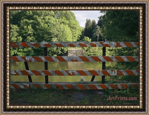 Raymond Gehman A Barricade Blocks The Road Where a Bridge Once Crossed The River Framed Painting