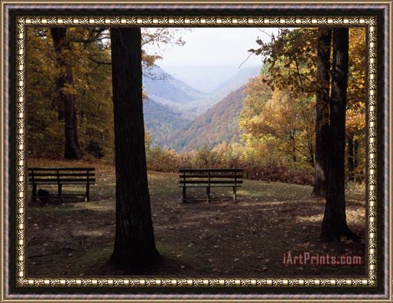 Raymond Gehman Benches Beckon Rest And Provide a Scenic View of Manns Creek Gorge Framed Print