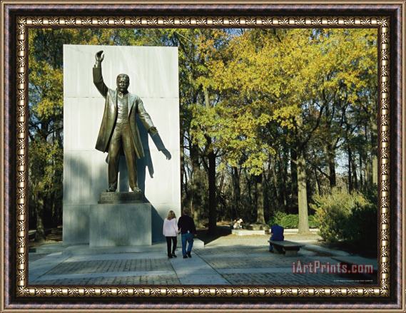 Raymond Gehman Bronze Statue of Theodore Roosevelt with Yellow Oak Leaves And Nearby Couple Framed Painting