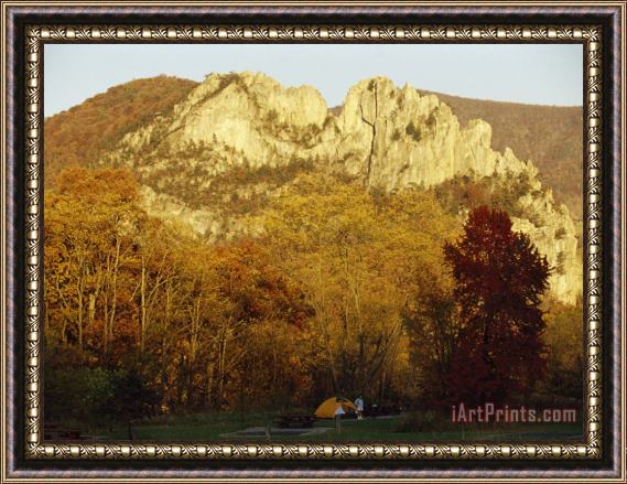 Raymond Gehman Campers at Their Tent at The Base of a 900 Foot High Seneca Rocks Framed Painting