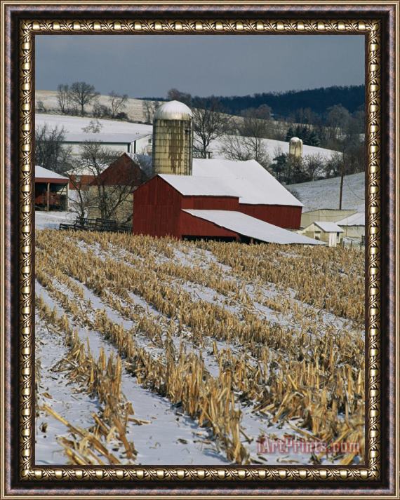 Raymond Gehman Corn Stubble And Barn in a Wintery Pennsylvania Landscape Framed Painting