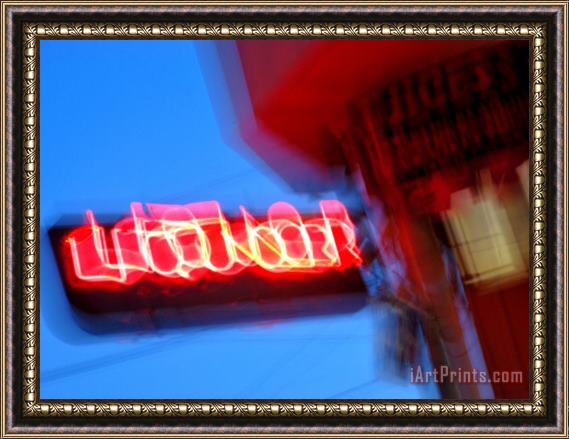 Raymond Gehman Neon Sign at Twilight Outside a Liquor Store in San Francisco Framed Print