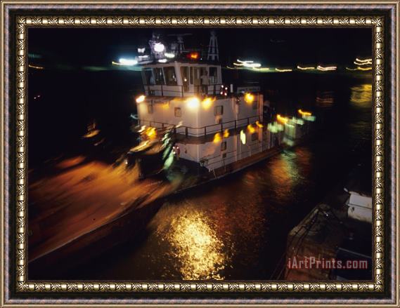 Raymond Gehman Night View of a Barge And It's Tug on The Kanawha River Framed Painting