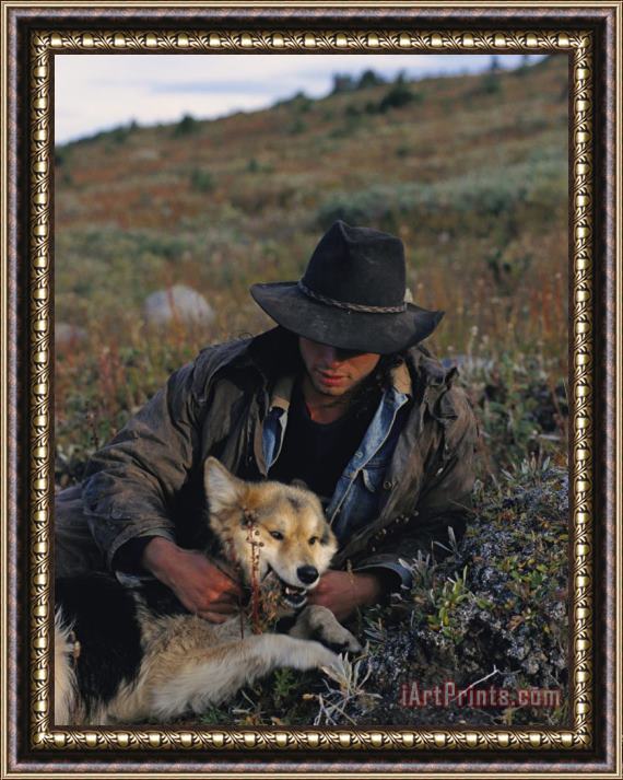 Raymond Gehman Portrait of a Wrangler with His Pet Dog in Jasper National Park Framed Painting