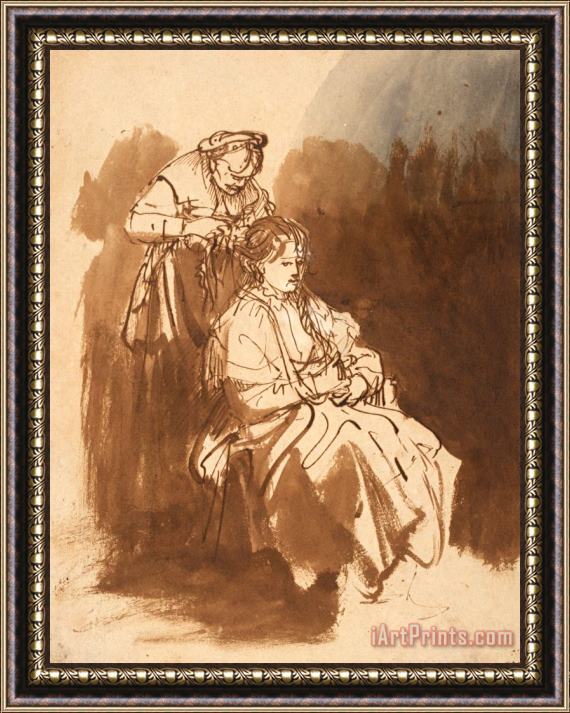 Rembrandt Harmensz van Rijn A Young Woman Having Her Hair Braided, C. 1635 Framed Painting