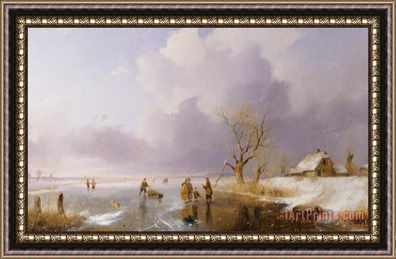 Remigius van Haanen Landscape With Frozen Canal Framed Painting