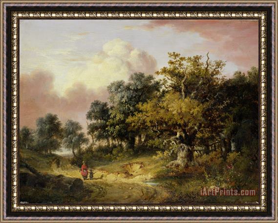 Robert Ladbrooke Wooded Landscape with Woman and Child Walking Down a Road Framed Print