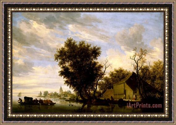 Salomon van Ruysdael River Scene with Ferry Boat Framed Painting