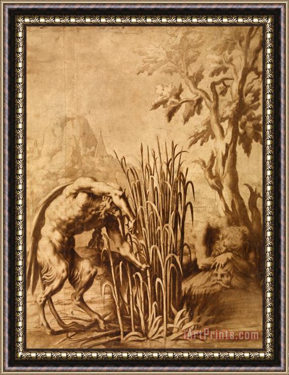 School of Fontainebleau Unknown maker Pan Cuts The Reed Into Which The Nymph Syrinx Has Turned Framed Painting