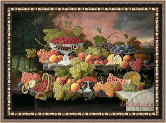 Severin Roesen Two Tiered Still Life with Fruit And Sunset Landscape Framed Painting