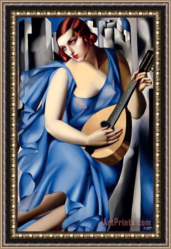 tamara de lempicka Woman in Blue with Guitar Framed Painting