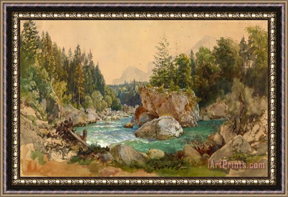 Thomas Ender Wooded River Landscape in The Alps Framed Print