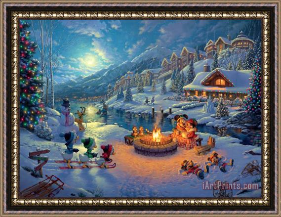 Thomas Kinkade Disney Mickey And Minnie Christmas Lodge Framed Painting