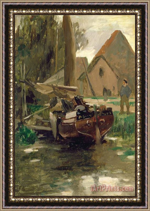 Thomas Ludwig Herbst Small Harbor with a Boat Framed Painting