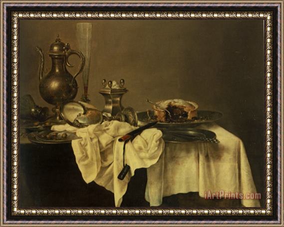 Willem Claesz Heda A Blackberry Pie, an Upturned Cup, Salt Cellar, Wine Ewer, Roemer Knife, Tablecloth Draped Peweter Plates Framed Painting