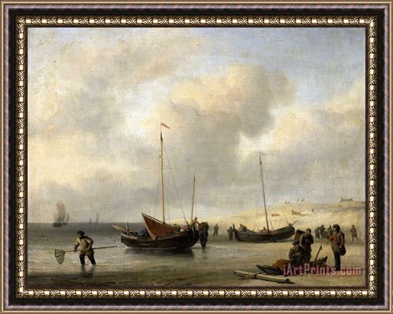 Willem van de Velde Fishing Boats on Shore (the Shore, Unloading a Fishing Smack) Framed Print