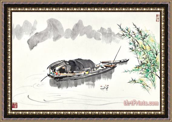 Wu Guanzhong Boats by The Shore Framed Painting