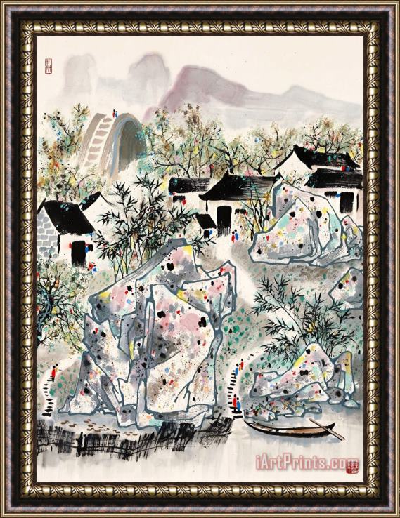 Wu Guanzhong Village Scene Framed Painting