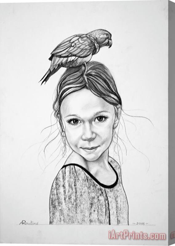Agris Rautins Portrait of a girl with parrot Stretched Canvas Print / Canvas Art