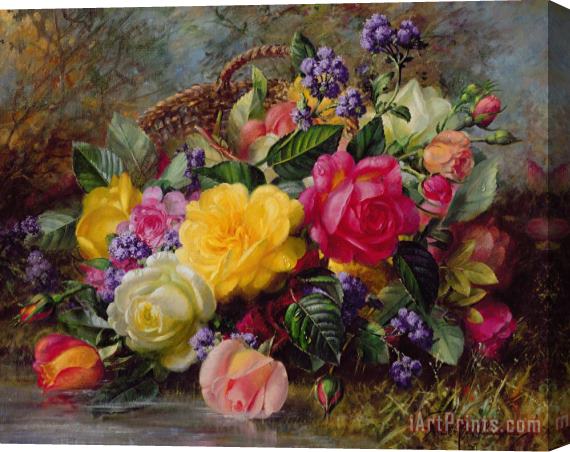Albert Williams Roses by a Pond on a Grassy Bank Stretched Canvas Print / Canvas Art