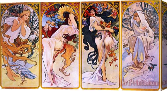 Alphonse Marie Mucha Cropped Print of Four Panels Each Depicting One of The Four Seasons Personified by a Woman Stretched Canvas Painting / Canvas Art