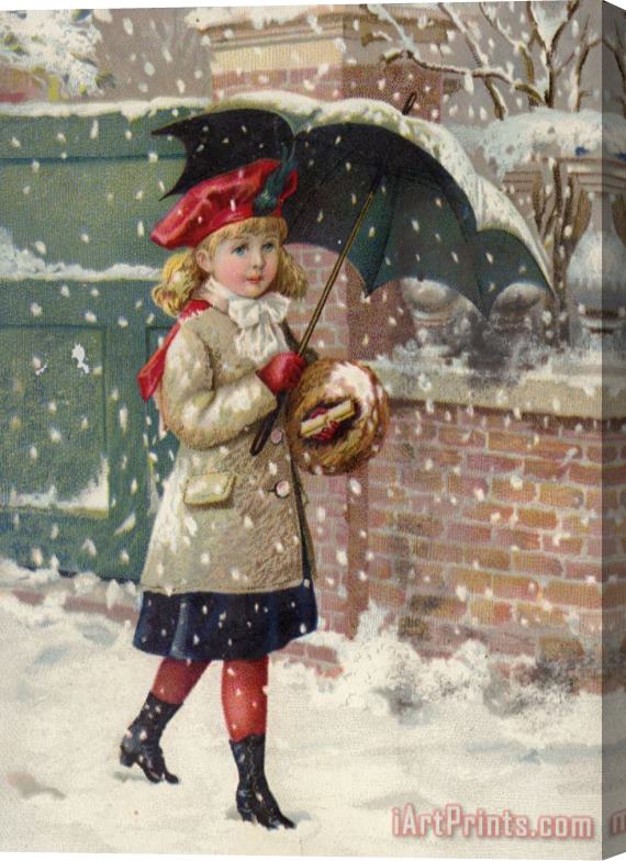 American School Girl With Umbrella In A Snow Shower Stretched Canvas Print / Canvas Art