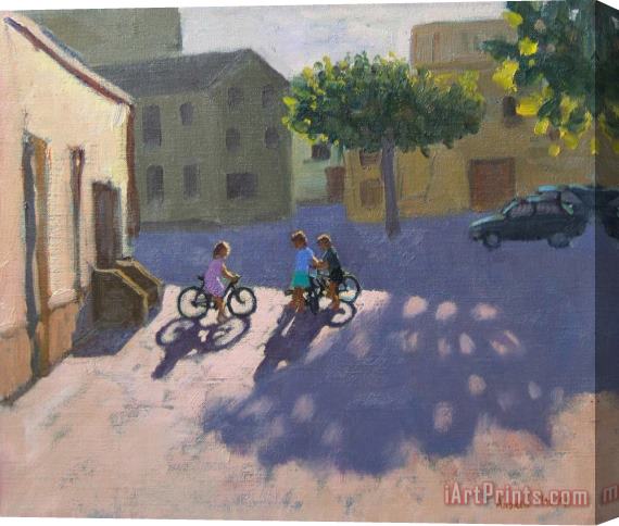 Andrew Macara Three children with bicycles in Spain Stretched Canvas Print / Canvas Art
