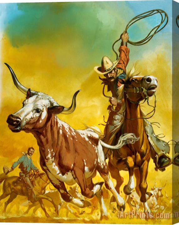 Angus McBride Cowboy lassoing cattle Stretched Canvas Print / Canvas Art