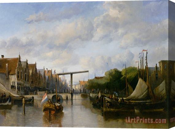 Antonie Waldorp A Busy Canal in a Dutch Town Stretched Canvas Print / Canvas Art