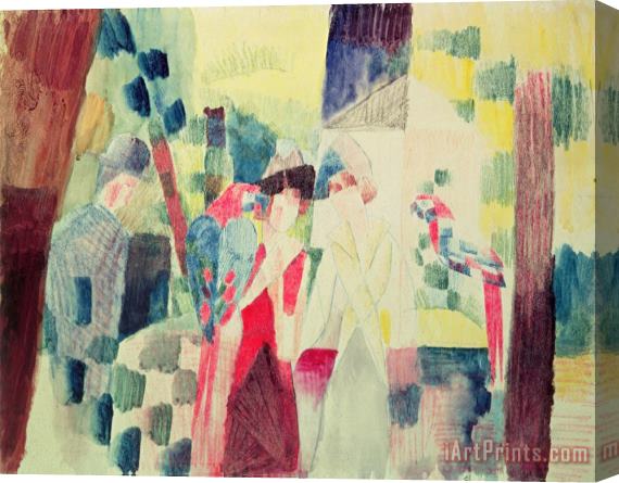 August Macke Two Women and a Man with Parrots Stretched Canvas Painting / Canvas Art