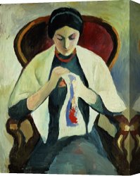 Sat Canvas Paintings - Woman Sewing by August Macke